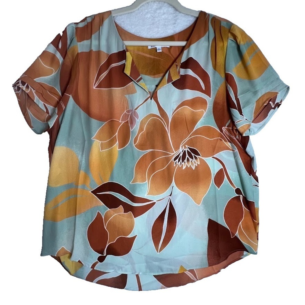 DR2 XL Tropical Floral Blouse Coastal Grandma Resort Boho Earth Tone Flowy Top